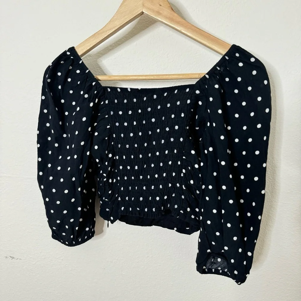 Zara Draped Polka Dot Ruched Puff Balloon Sleeve Square Neck Crop Top | Size S